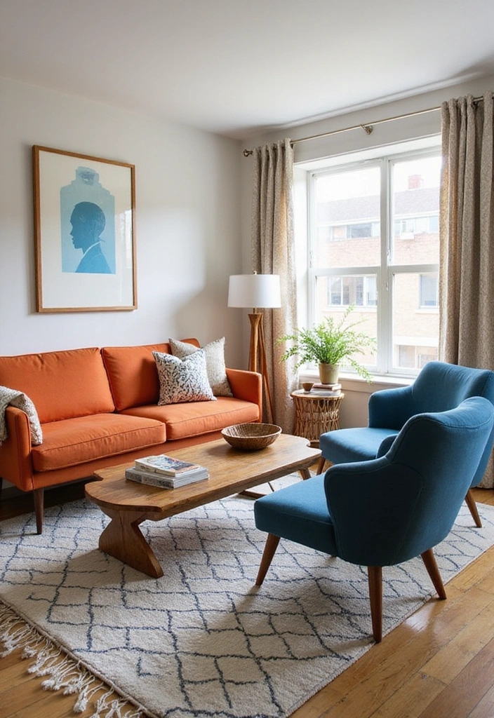 21 Blue and Orange Living Room Ideas - 11. Mid-Century Modern