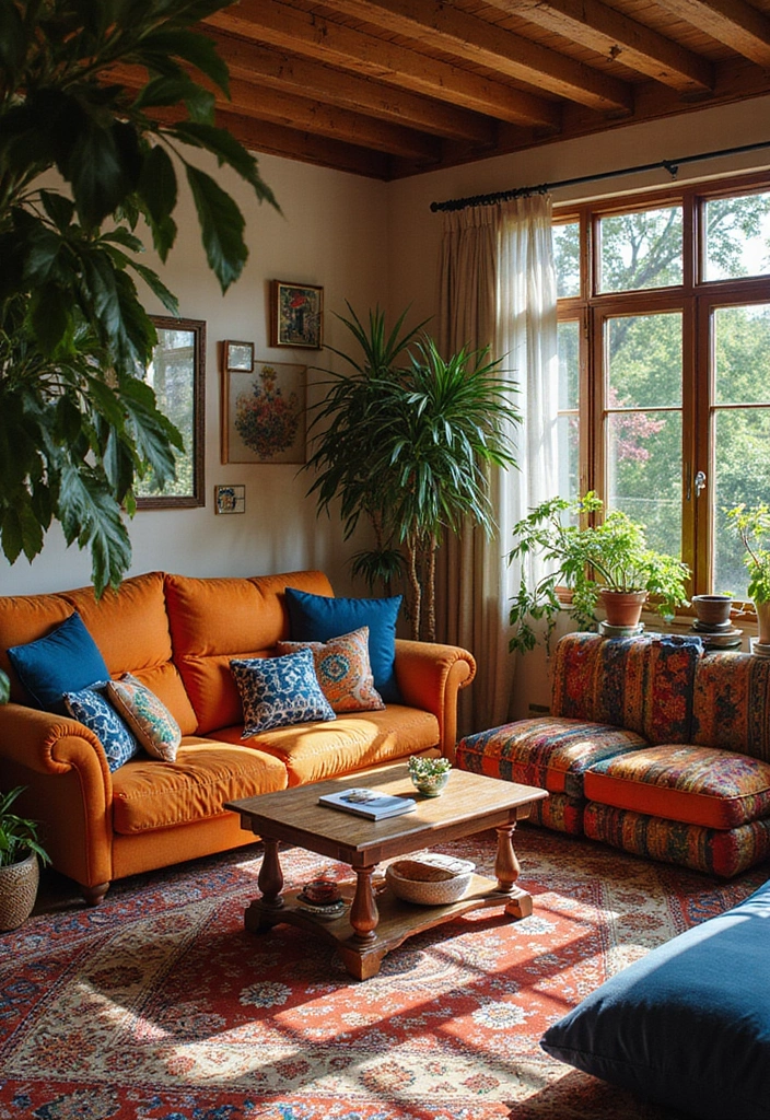 21 Blue and Orange Living Room Ideas - 7. Bohemian Vibes
