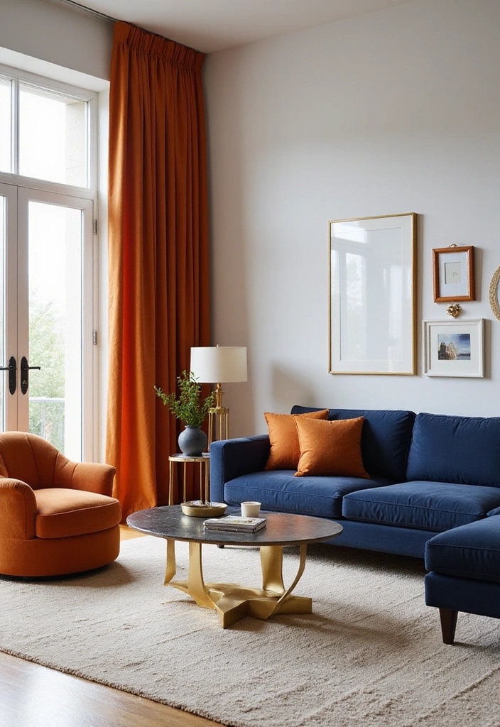 21 Blue and Orange Living Room Ideas - 2. Modern Elegance