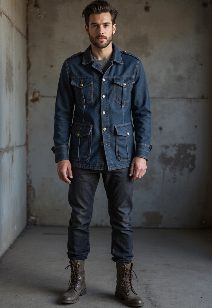 21 Denim Jackets for Men in 2025 That Are Making a Comeback! - 15. Military-Inspired Denim Jackets