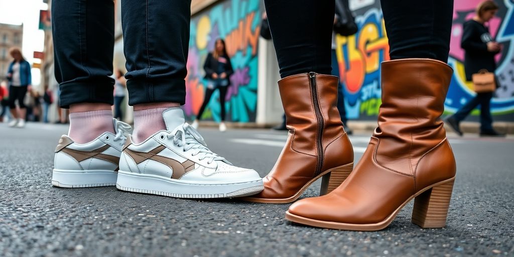 Sneakers and boots displayed on a colorful urban street.