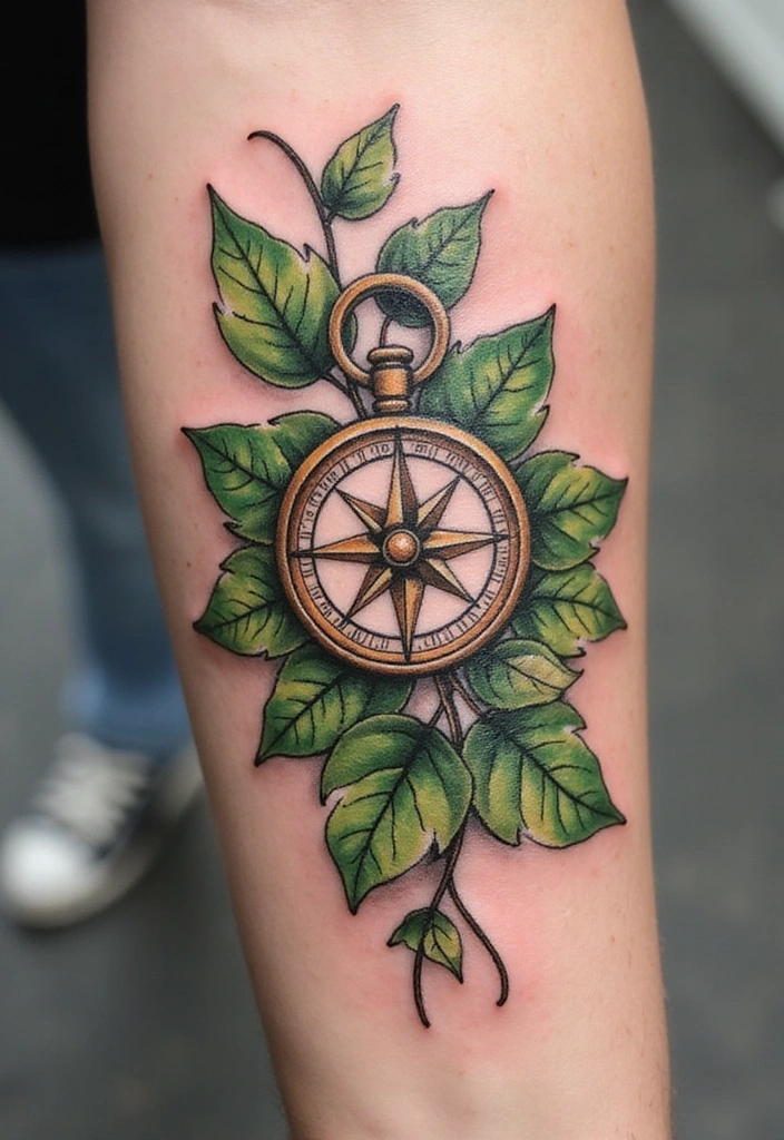 21 Best Pothos Tattoo Ideas With Meanings - 17. Pothos and a Compass