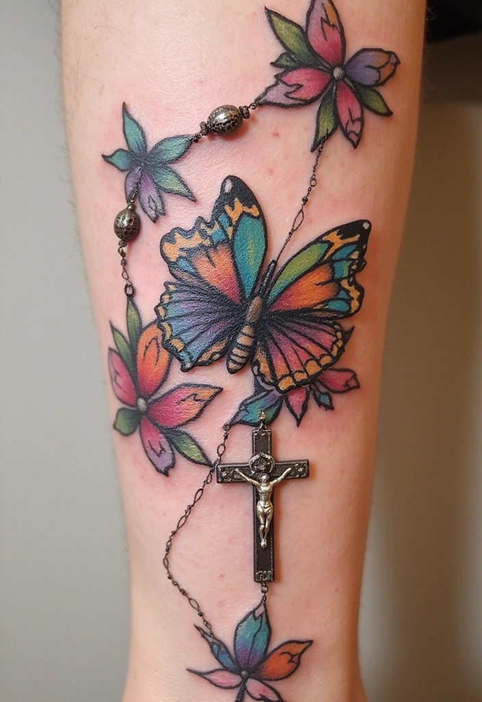 15 Rosary Beads Tattoo Ideas And Meaning - 8. Rosary Beads with a Butterfly