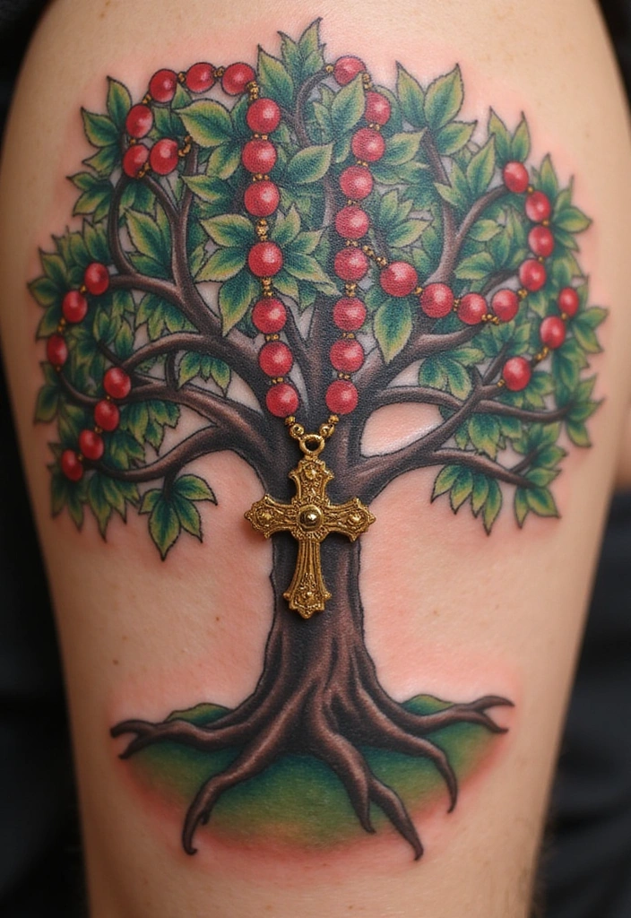 15 Rosary Beads Tattoo Ideas And Meaning - 15. Rosary Beads with a Tree of Life