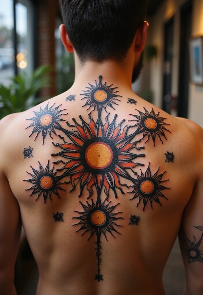 21 Simple Tribal Sun Tattoo Ideas For Men With Meanings - 16. Multi-Sun Design