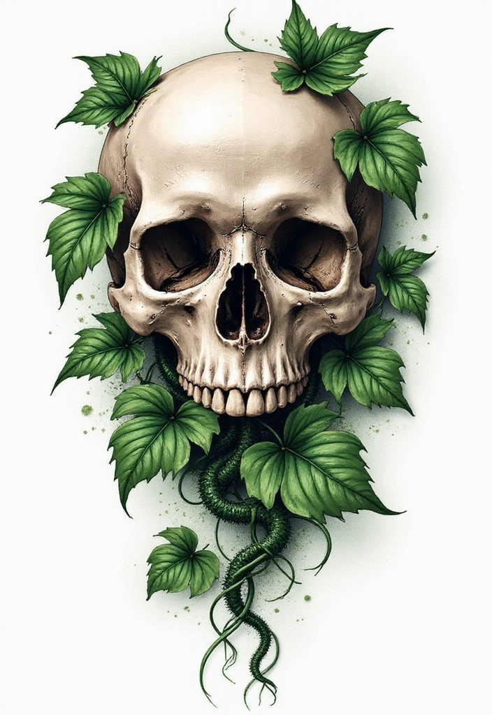 21 Best Pothos Tattoo Ideas With Meanings - 16. Pothos and Skulls