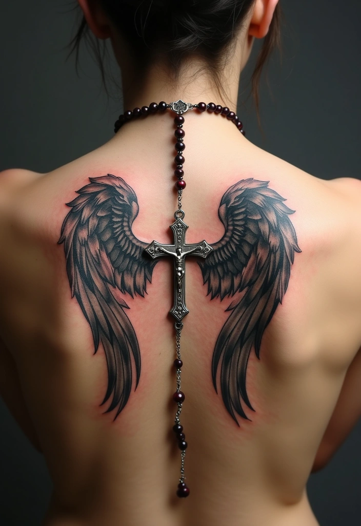15 Rosary Beads Tattoo Ideas And Meaning - 13. Rosary Beads and Angel Wings