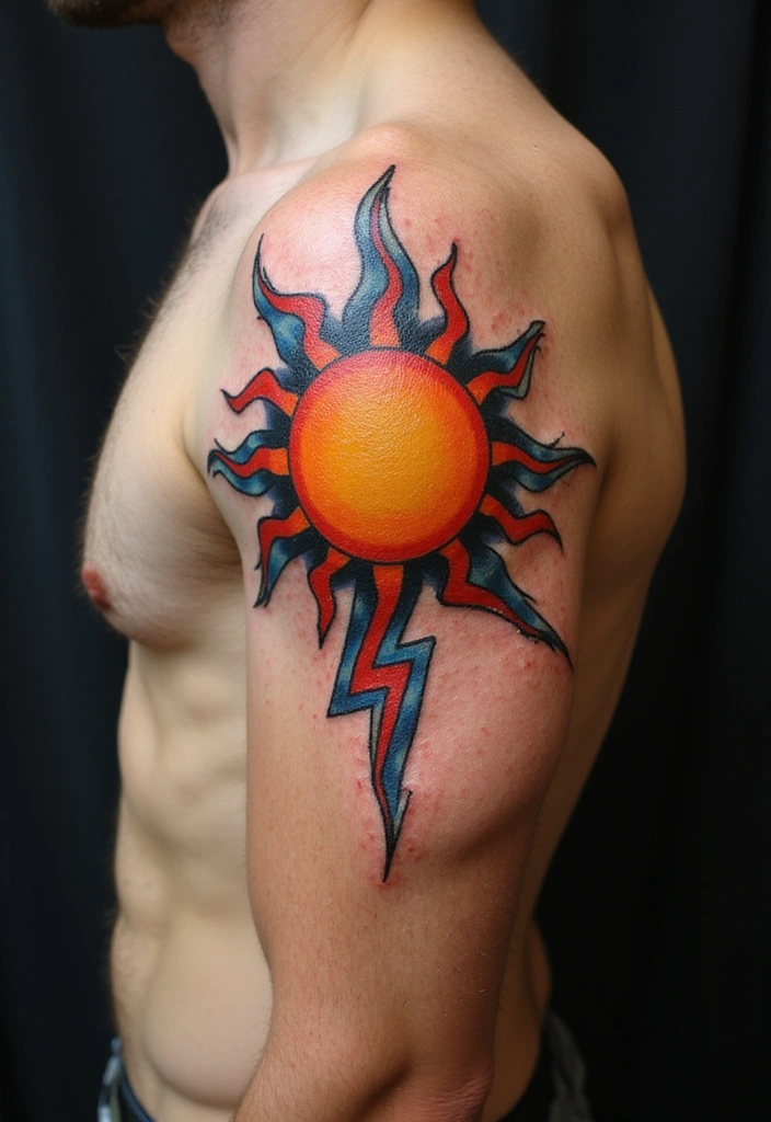 21 Simple Tribal Sun Tattoo Ideas For Men With Meanings - 14. Sun with Lightning