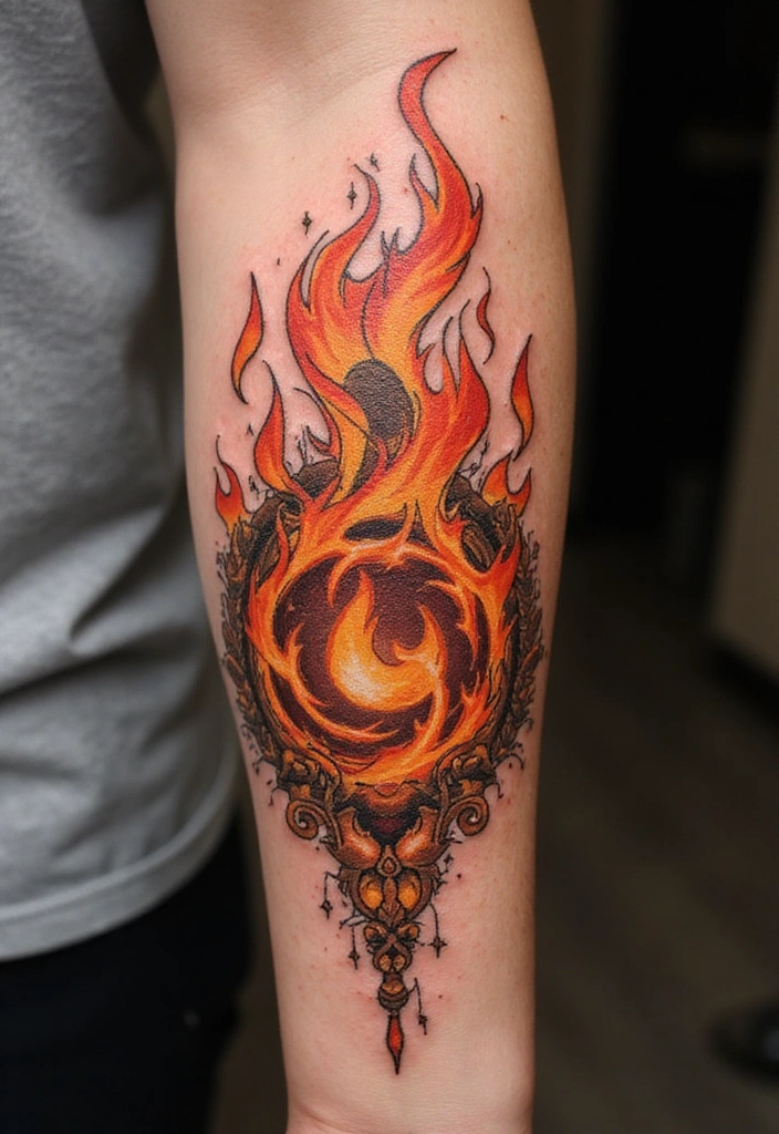 21 Amazing Polynesian Forearm Tattoo Idea Designs And Meanings - 18. The Fire Symbol