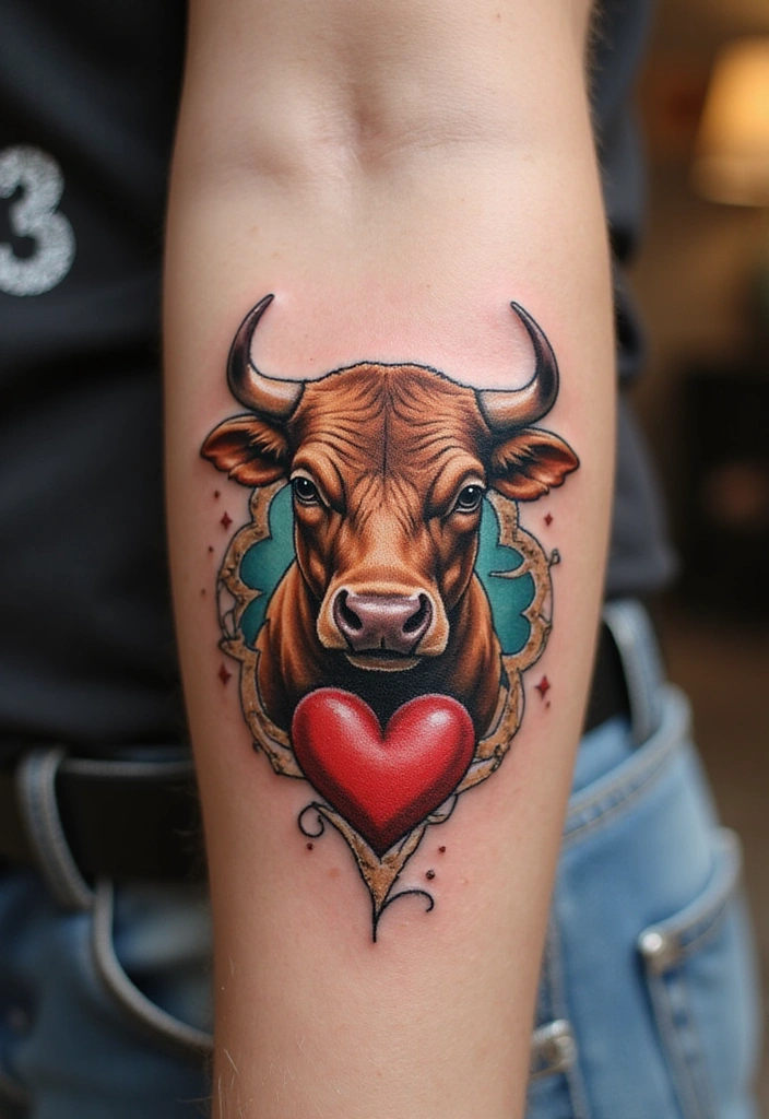 21 Creative Bull Tattoo Designs And Meanings - 19. Bull with Heart Elements