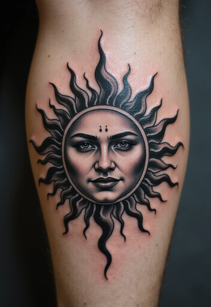 21 Simple Tribal Sun Tattoo Ideas For Men With Meanings - 13. Tribal Sun in Black and Grey