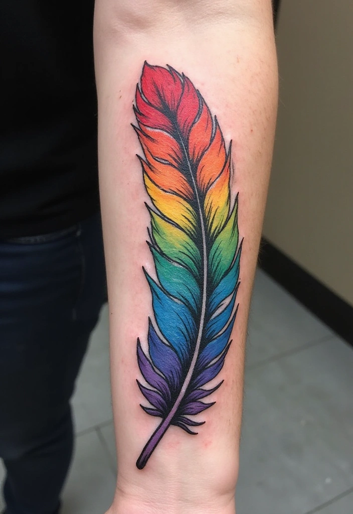 Best Rainbow Tattoo Ideas for Men and Their Meanings - 9. Rainbow Feather Tattoo