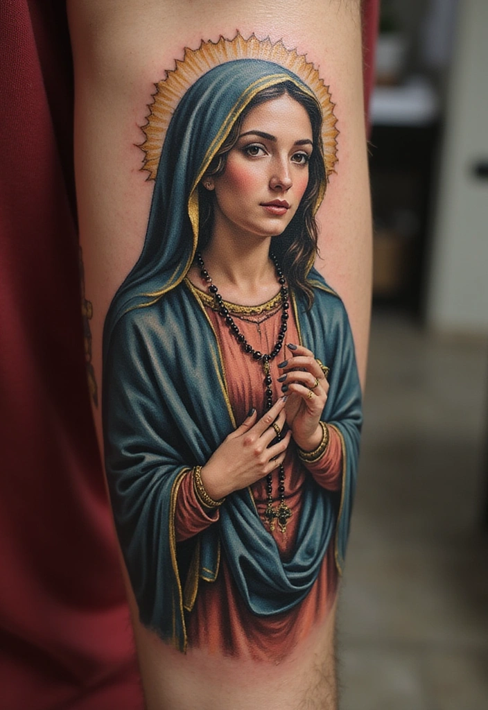 15 Virgin Mary Tattoo Ideas And Meaning - 10. Virgin Mary with Rosary Beads