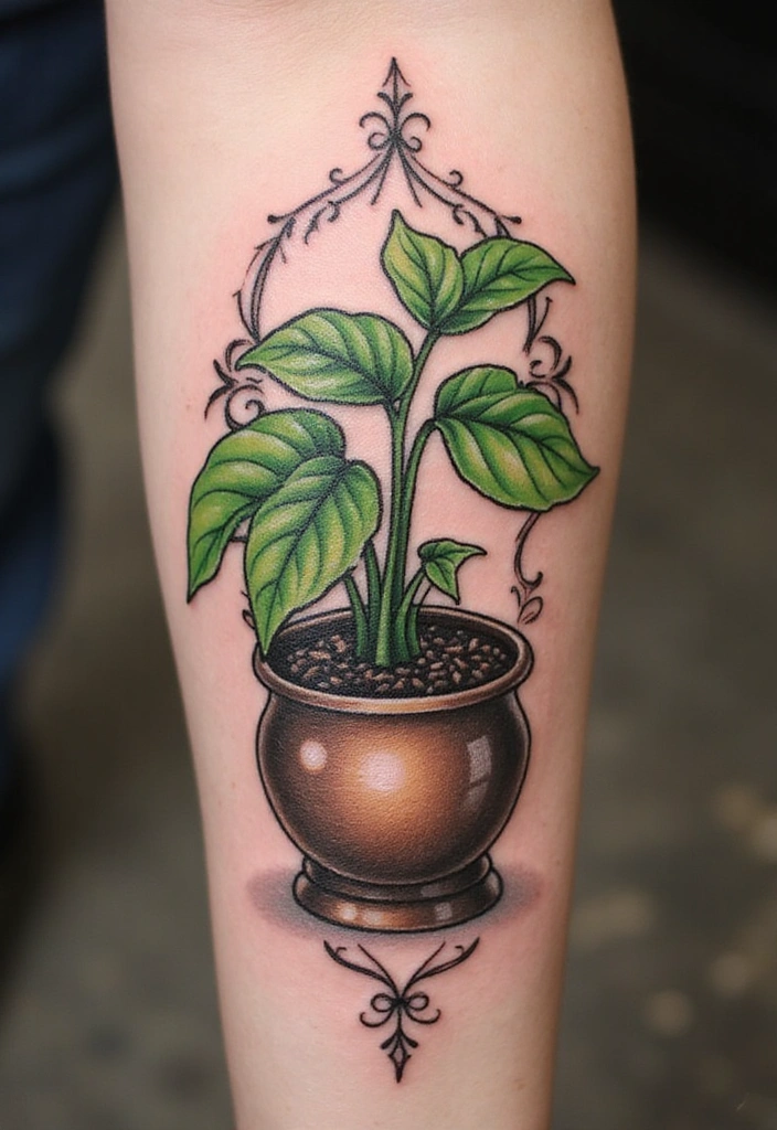 21 Best Pothos Tattoo Ideas With Meanings - 8. Pothos in a Pot