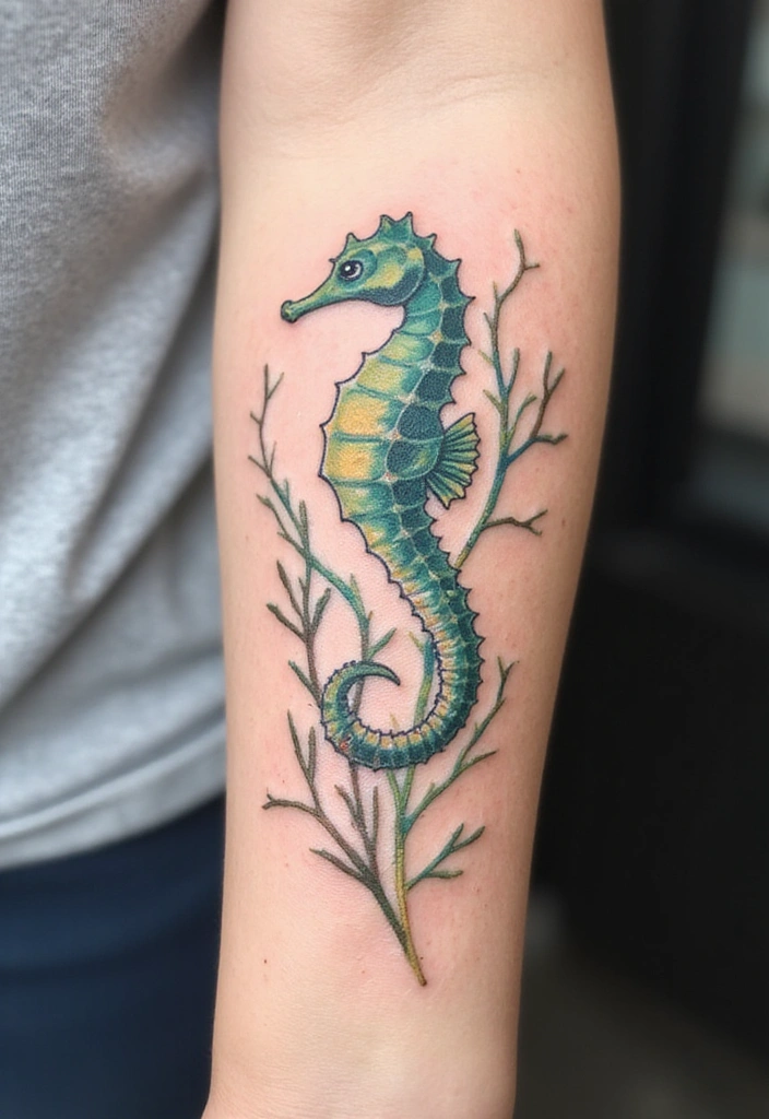 Best Animal Tattoos for the Forearm – Designs & Meaning - 12. Elegant Seahorse: Patience and Contentment