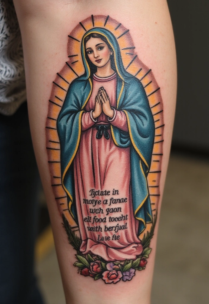 15 Virgin Mary Tattoo Ideas And Meaning - 11. Virgin Mary with Quote