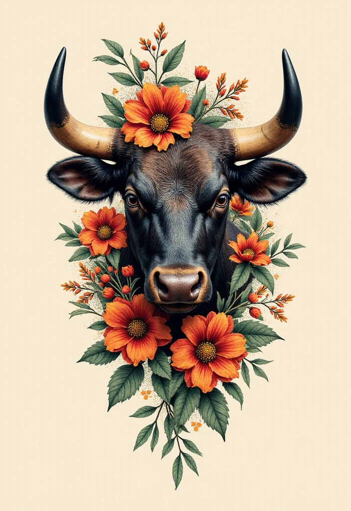 21 Creative Bull Tattoo Designs And Meanings - 9. Bull with Floral Elements