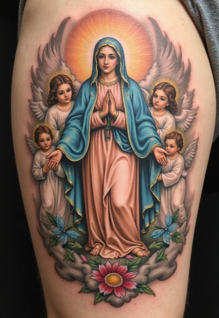 15 Virgin Mary Tattoo Ideas And Meaning - 6. Virgin Mary with Angels