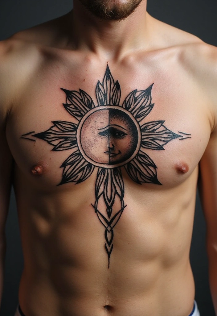 21 Simple Tribal Sun Tattoo Ideas For Men With Meanings - 2. Sun with Moon Contrast