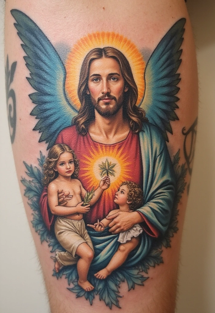 15 Creative Jesus Arm Tattoo Ideas for Men And Meanings - 7. Jesus with Angels