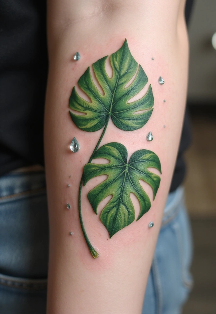 21 Best Pothos Tattoo Ideas With Meanings - 15. Pothos and Raindrops