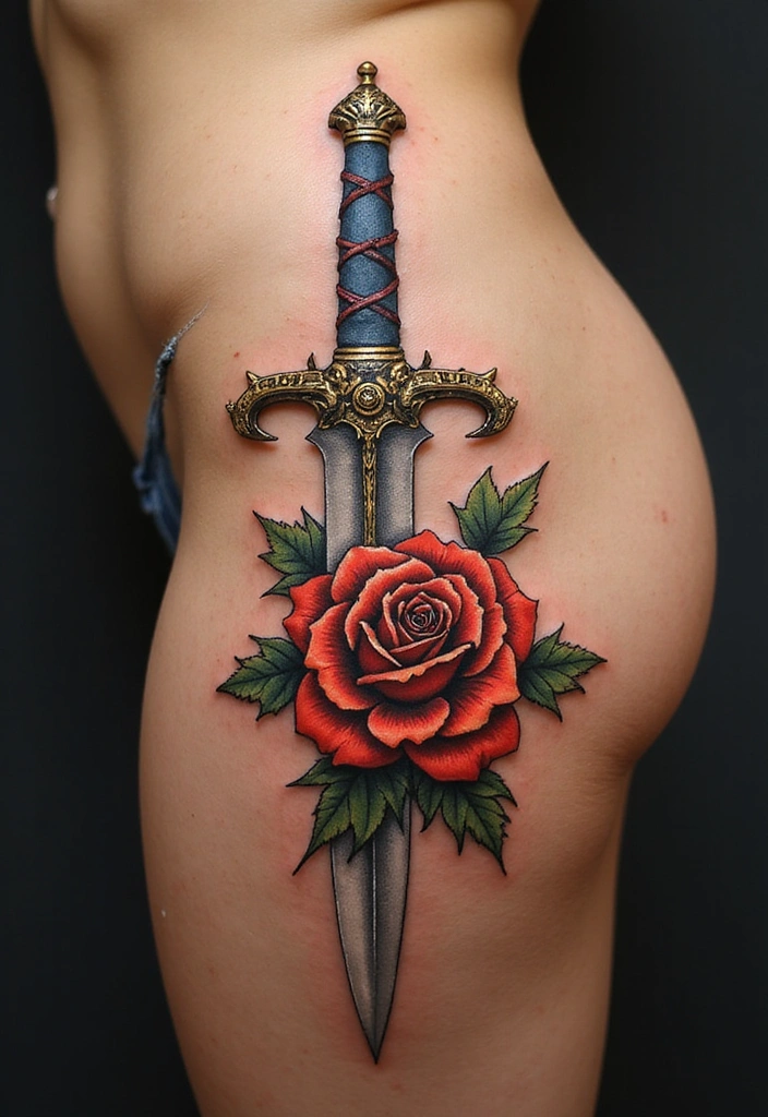 15 Creative Blade Tattoo Ideas, Designs, And Meanings - 7. Blade and Rose Tattoo