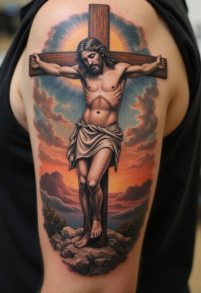 15 Creative Jesus Arm Tattoo Ideas for Men And Meanings - 1. The Crucifixion Scene
