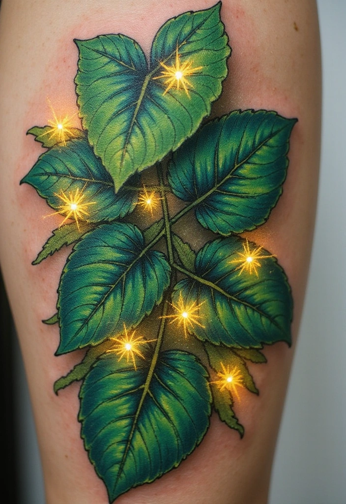 21 Best Pothos Tattoo Ideas With Meanings - 21. Pothos and Fireflies