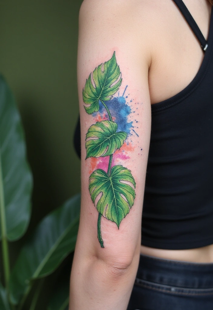 21 Best Pothos Tattoo Ideas With Meanings - 7. Pothos and Watercolor Splash