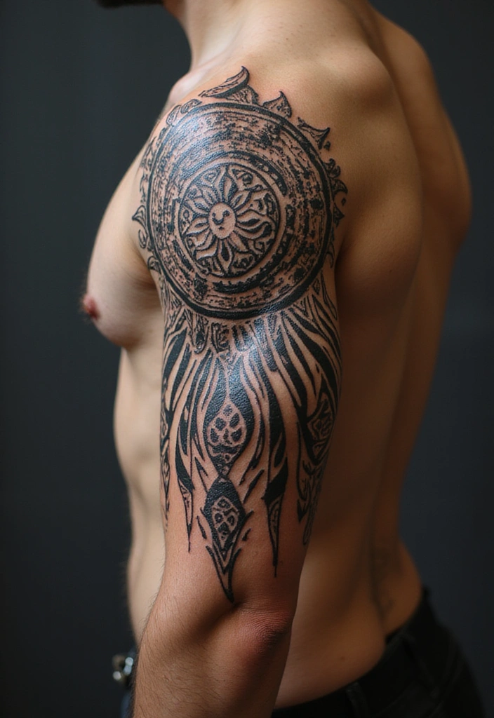 21 Simple Tribal Sun Tattoo Ideas For Men With Meanings - 7. Sun with Tribal Patterns