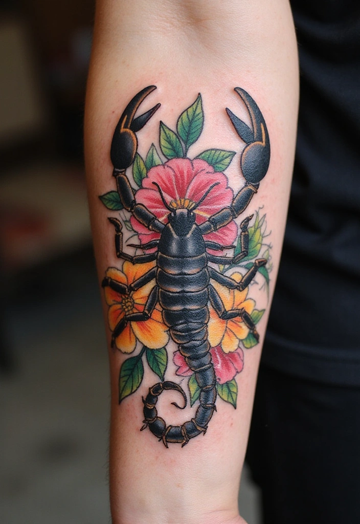 Scorpion Tattoo Ideas for Men With Bold Personalities - 3. Scorpion with Floral Elements