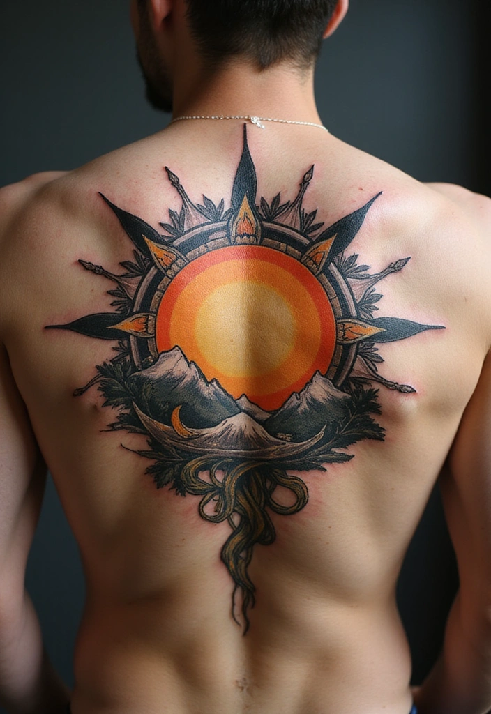21 Simple Tribal Sun Tattoo Ideas For Men With Meanings - 20. Sun with Earth Elements