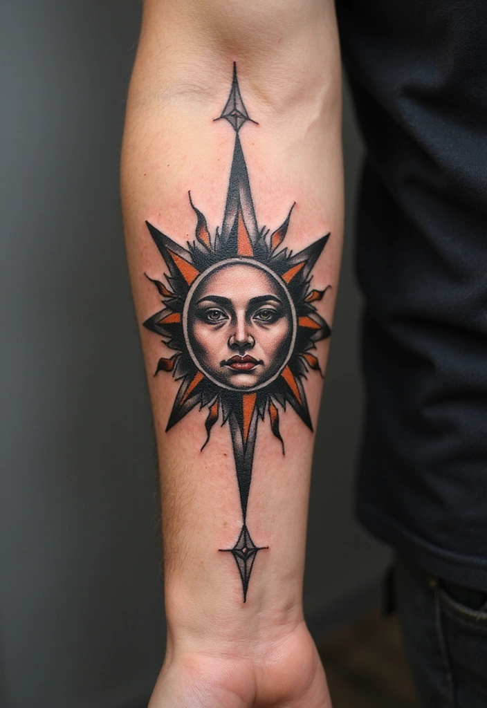 21 Simple Tribal Sun Tattoo Ideas For Men With Meanings - 11. Sun with Compass