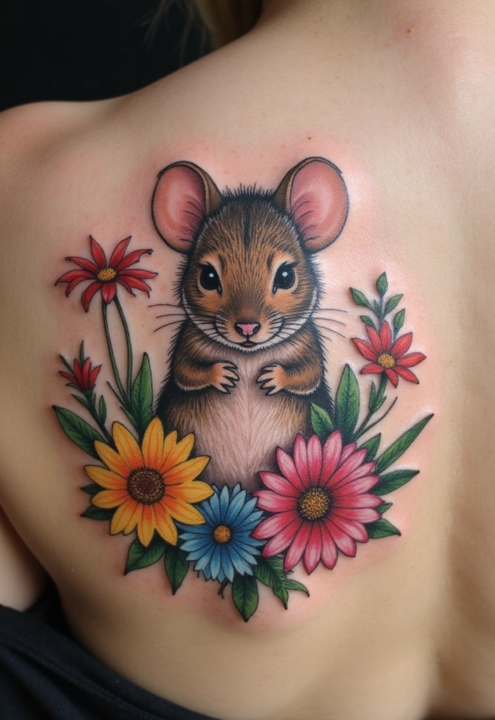 10 Cute Mouse Tattoo Ideas For Men With Meanings - 5. The Mouse with Flowers