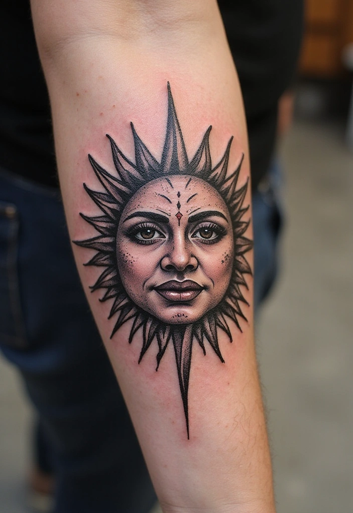 21 Amazing Polynesian Forearm Tattoo Idea Designs And Meanings - 7. Tribal Sun Design