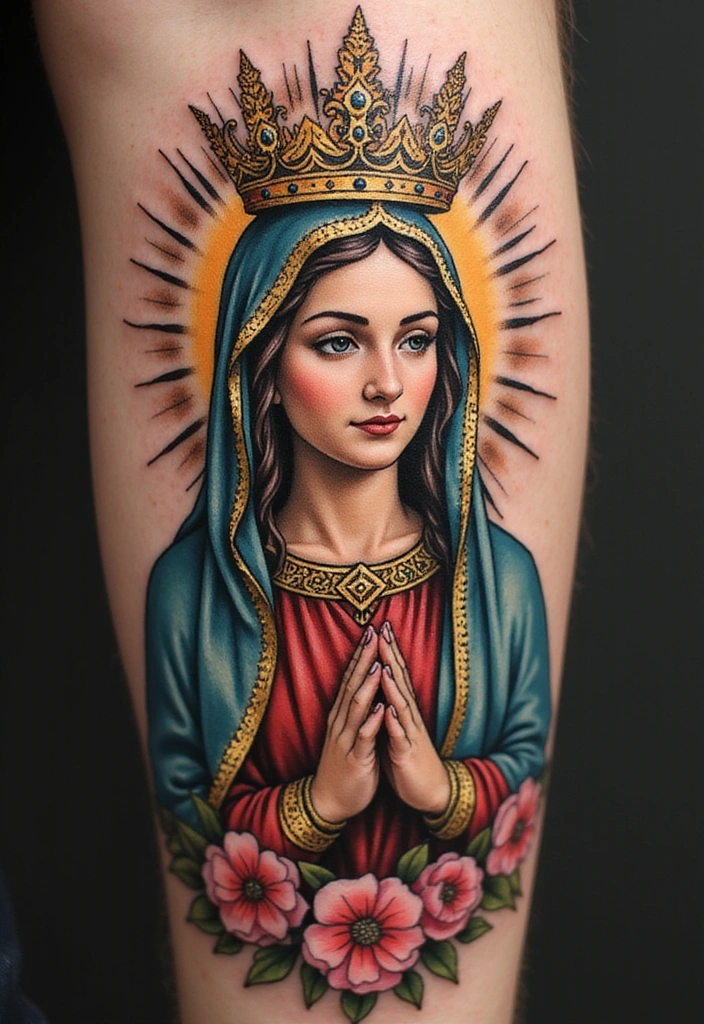 15 Virgin Mary Tattoo Ideas And Meaning - 9. Virgin Mary with a Crown
