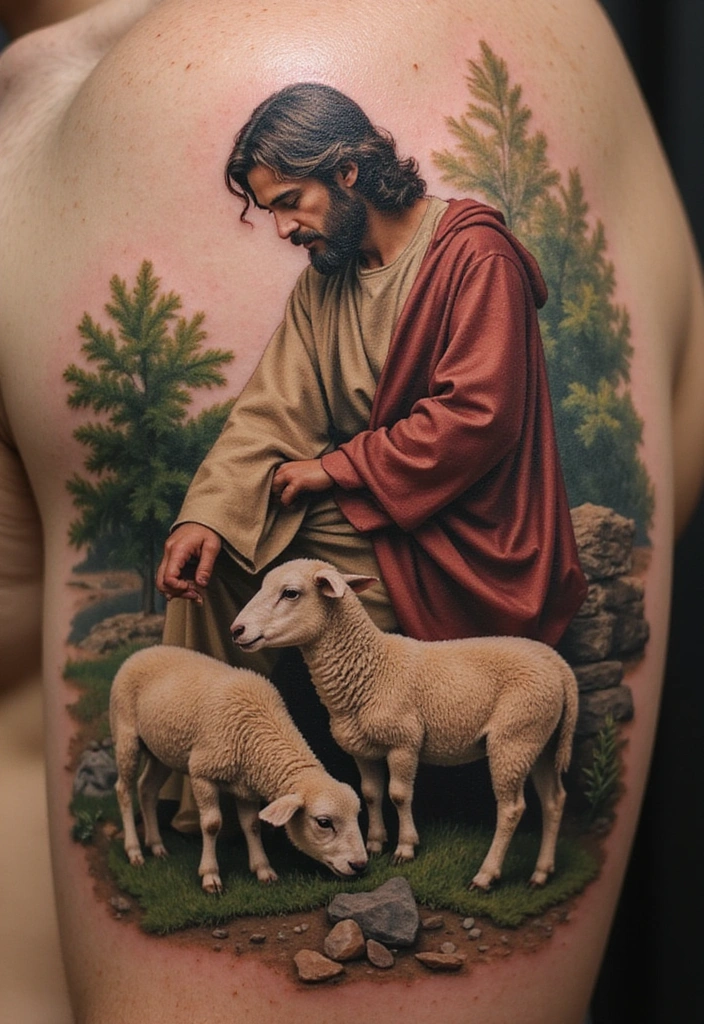 15 Creative Jesus Arm Tattoo Ideas for Men And Meanings - 8. Jesus as The Good Shepherd