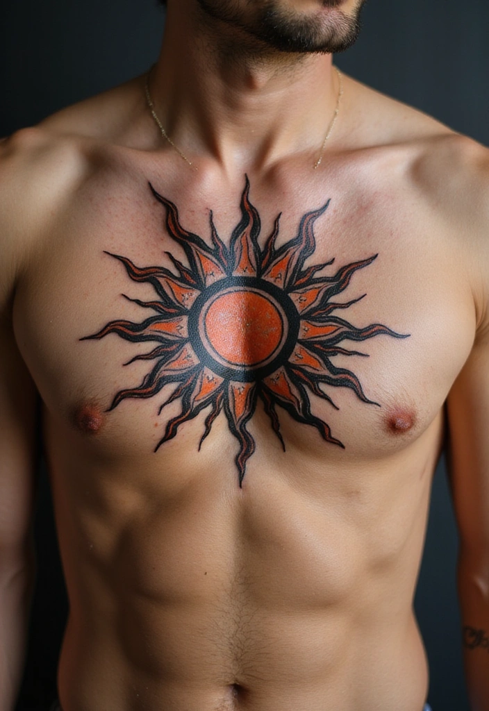 21 Simple Tribal Sun Tattoo Ideas For Men With Meanings - 21. Sun with Fire
