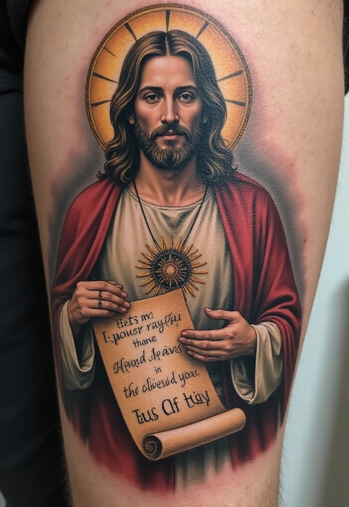 15 Creative Jesus Arm Tattoo Ideas for Men And Meanings - 14. Jesus with a Scroll