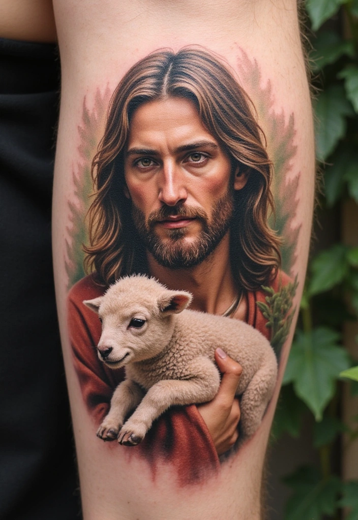 15 Creative Jesus Arm Tattoo Ideas for Men And Meanings - 3. Jesus With Lamb