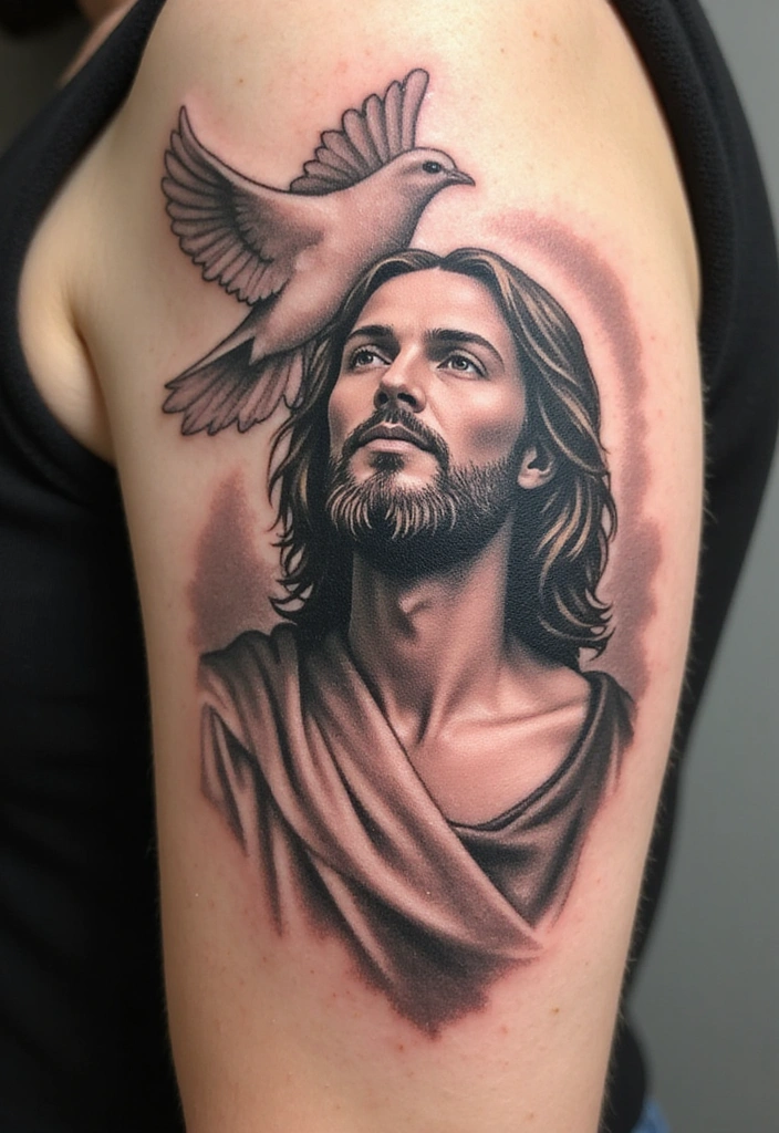 15 Creative Jesus Arm Tattoo Ideas for Men And Meanings - 10. Jesus and the Dove