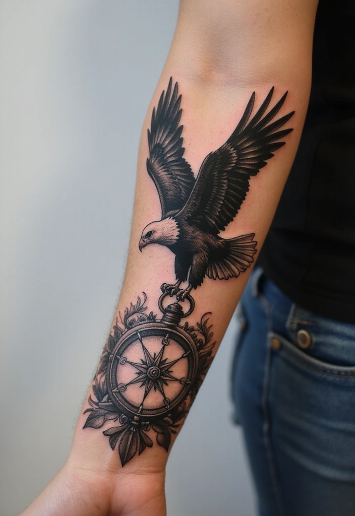 Best Eagle Tattoo Design Ideas for Men and Their Meaning - 6. Eagle with a Compass