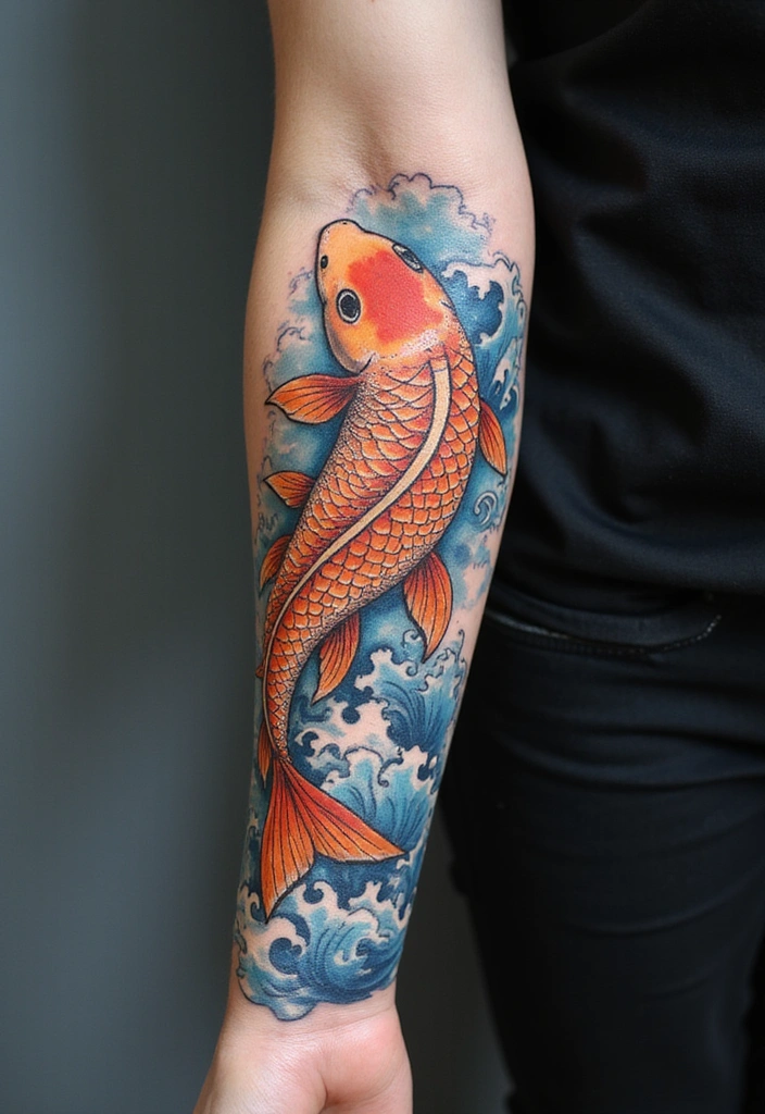 Best Animal Tattoos for the Forearm – Designs & Meaning - 9. Serene Koi Fish: Perseverance and Luck