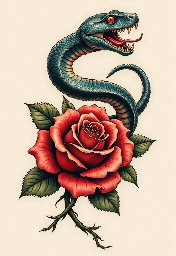 Snake Tattoos for Men and What They Symbolize - The Snake and the Rose: A Timeless Pairing