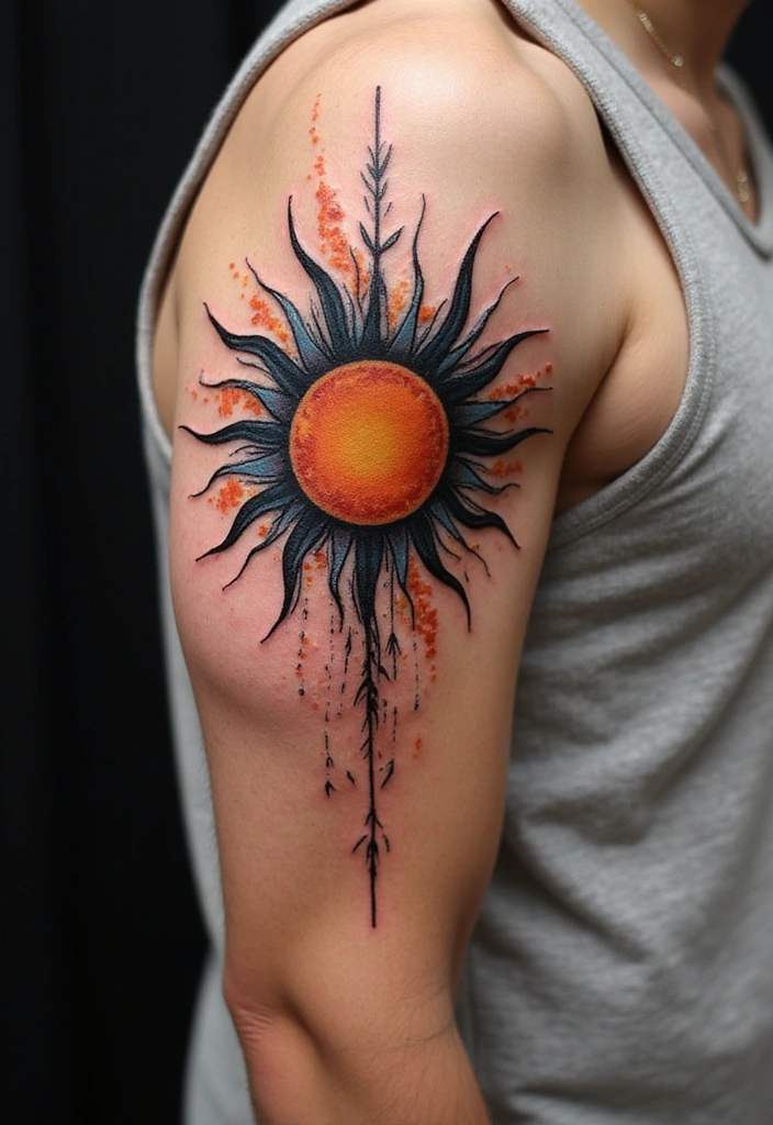 21 Simple Tribal Sun Tattoo Ideas For Men With Meanings - 19. Artistic Sunburst