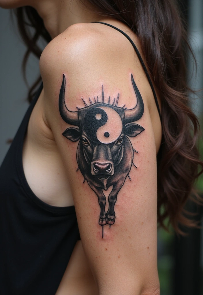 21 Creative Bull Tattoo Designs And Meanings - 18. Bull with Yin Yang