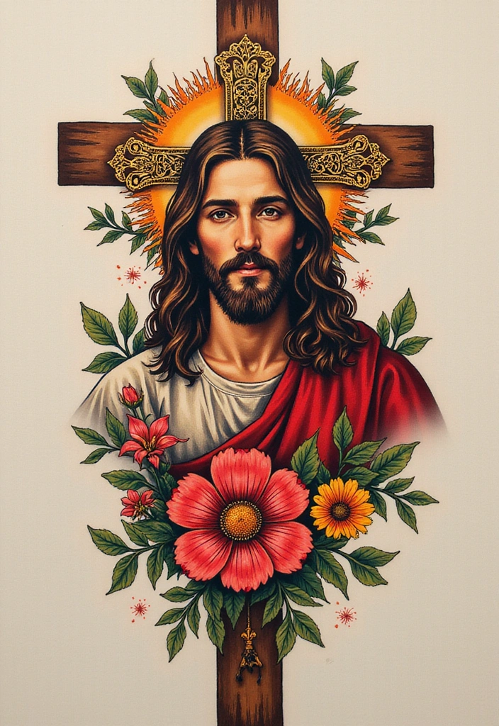 15 Creative Jesus Arm Tattoo Ideas for Men And Meanings - 15. Jesus and The Cross with Flowers